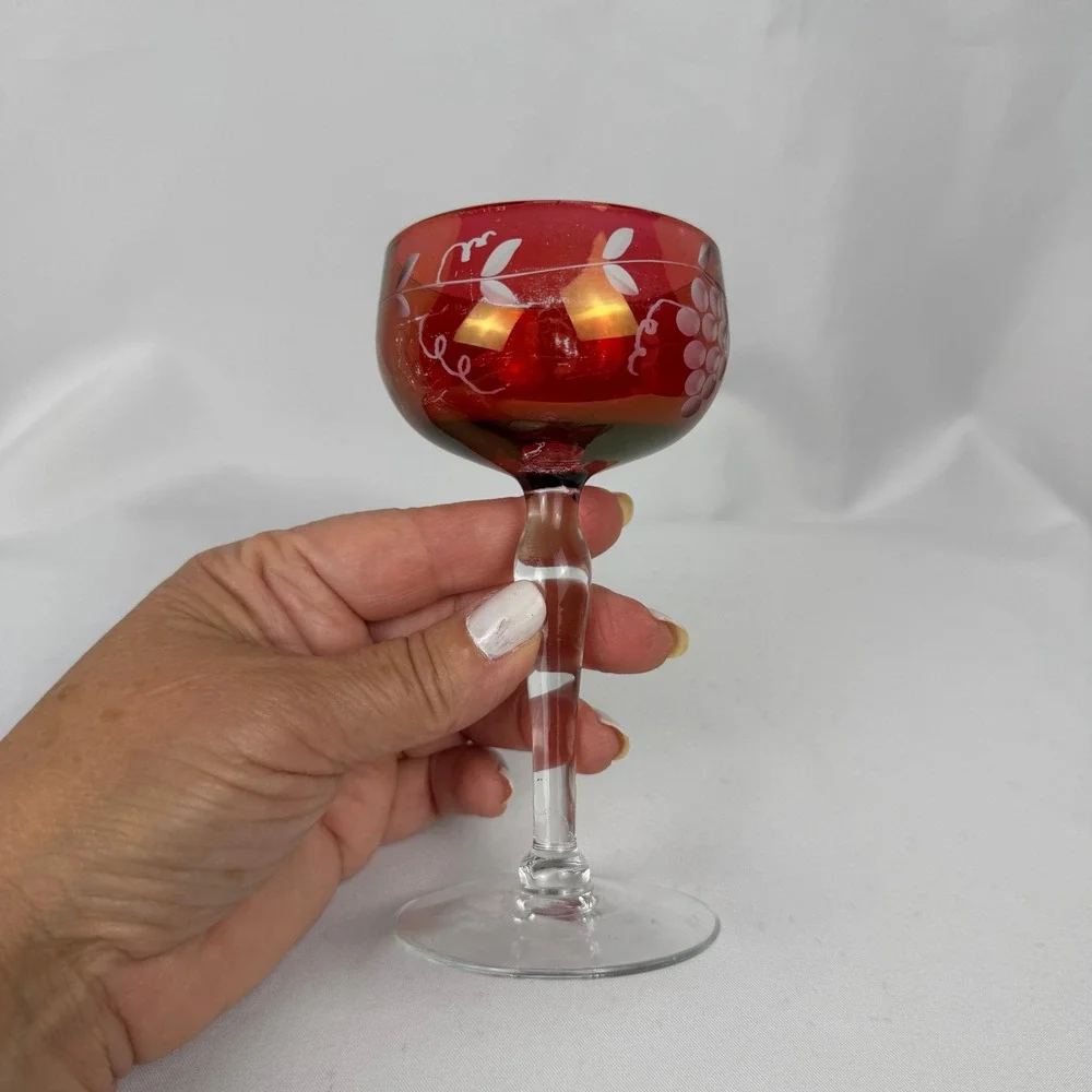 Vintage Cranberry Glass Cordial Set 6 Red Etched Grape Vine Clear Stem Barware